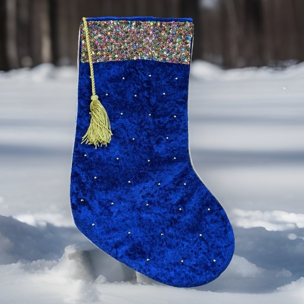 Ethereal Blue Velvet‎ Christmas Stocking with Multicolor Sequins & Gold Tassel